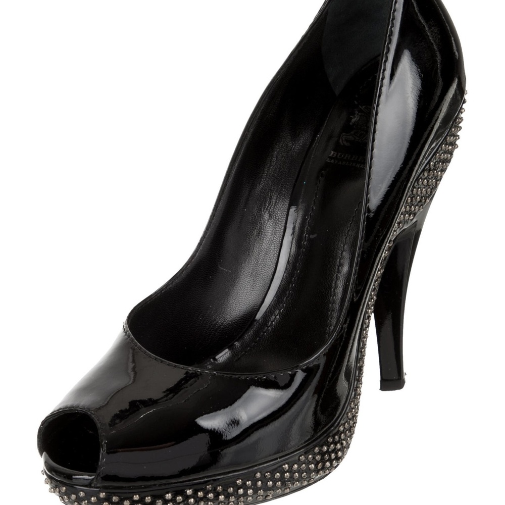 Burberry Black Patent Leather Studded Peep Toe